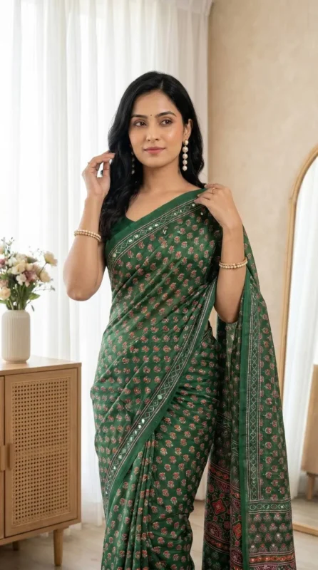 Latest WMS Silk Ajarakh Printed Mirror Work Saree Market in Surat 2026