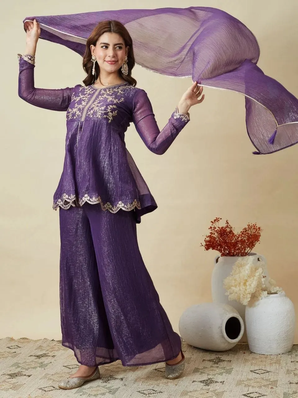 Beautiful Beauty J 1025 Crunchy Silk Embroidery Designer Party Wear Top Sharara 2026