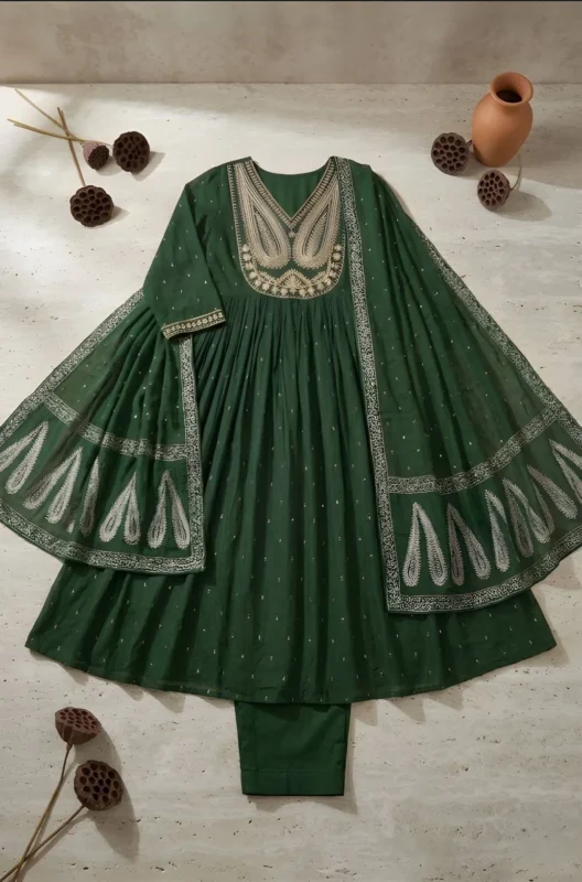 Stylish Shiv 3013 Cotton Embroidery Forest Green Festival Anarkali Gown 2026