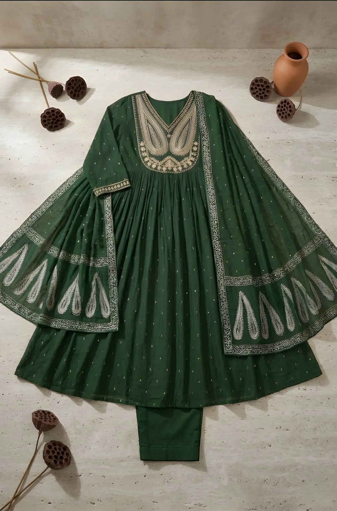 Stylish Shiv 3013 Cotton Embroidery Forest Green Festival Anarkali Gown 2026