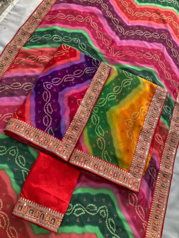 Beautiful Kiara Savan Georgette Bandhej Printed Embroidery Work Saree 2026