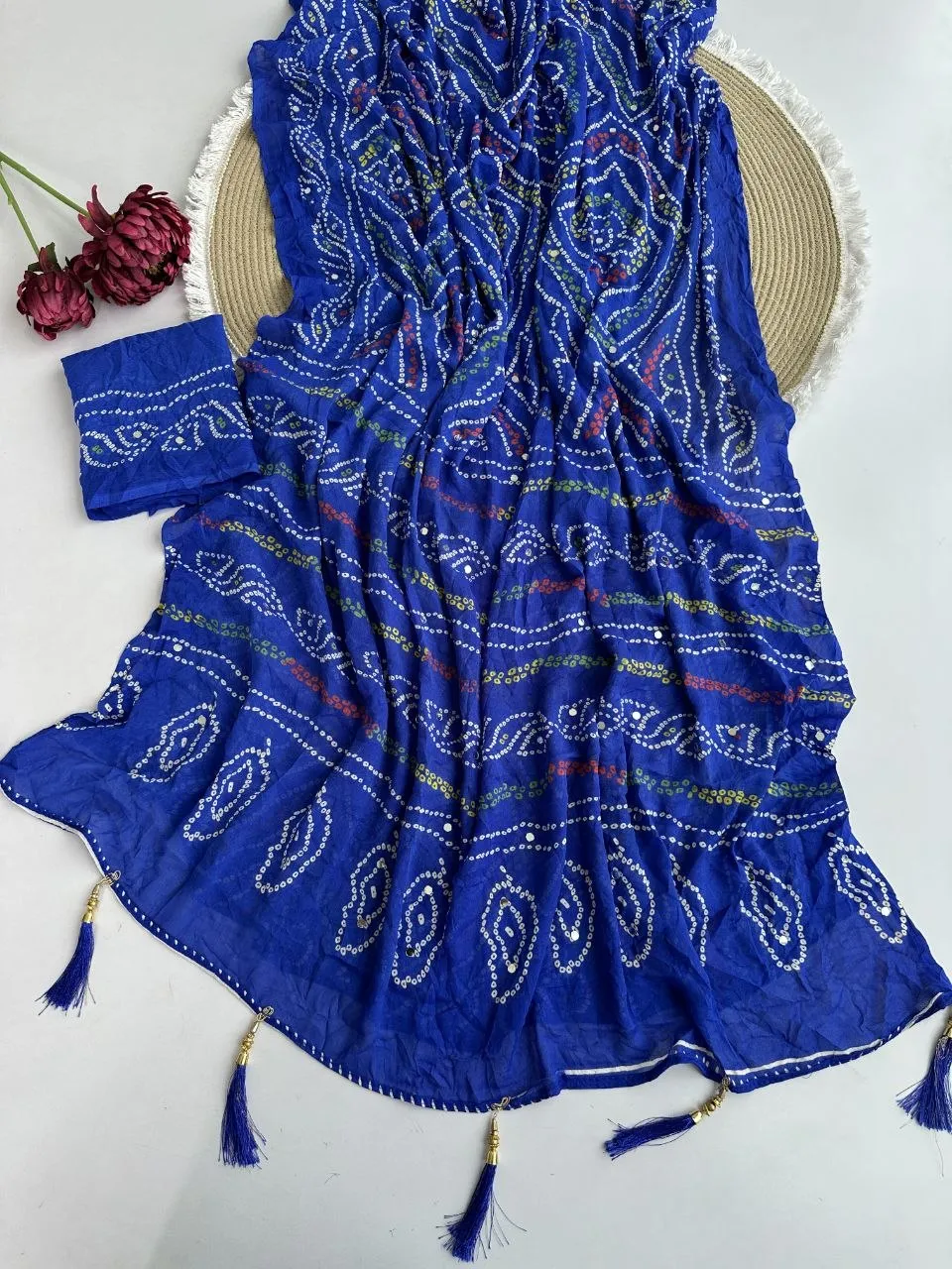 Launching Tamanna Moss Crepe Bandhej Mirror Work Saree Online Shopping 2026