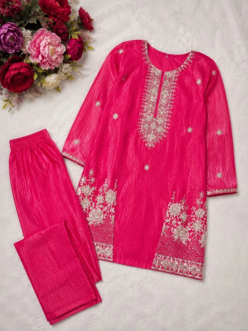 Latest Zarin Vadana Chinon Embroidery Work Kurti Pant Koti Set 2026