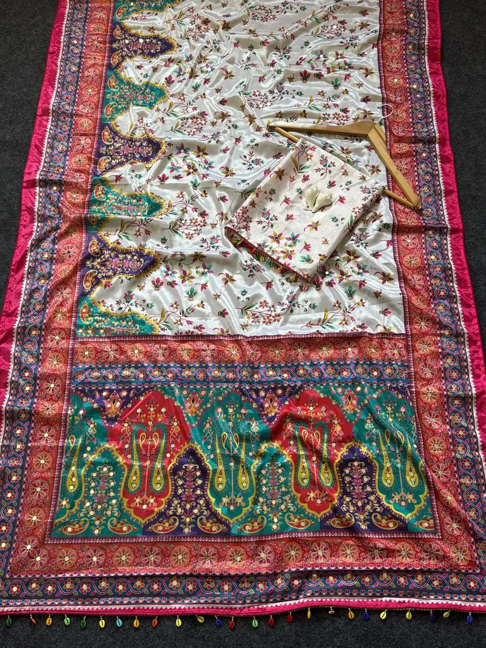 Beautiful WMS Silk Creap Printed Mirror Work Durgapuja Saree 2026