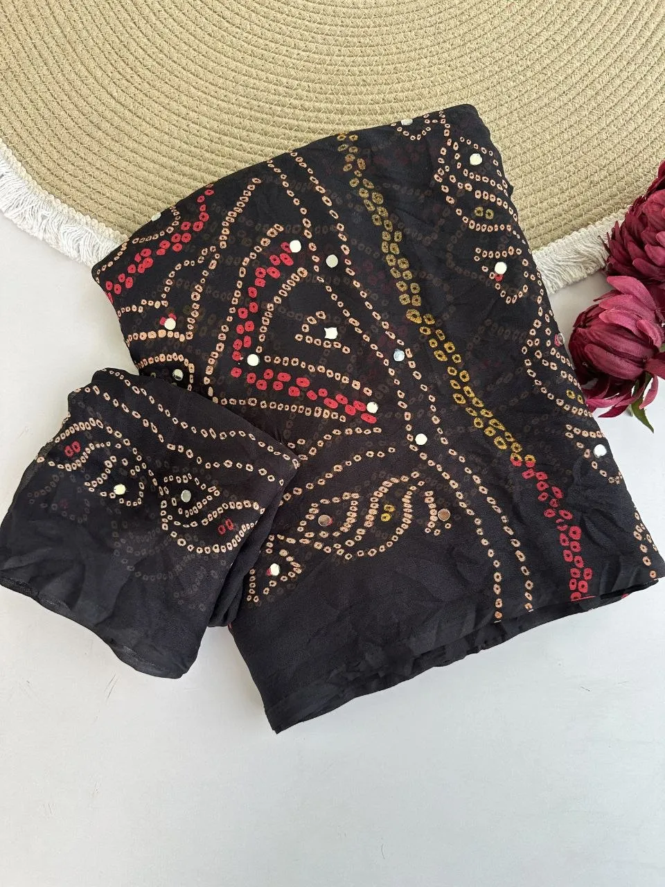 Launching Tamanna Moss Crepe Bandhej Mirror Work Saree Online Shopping 2026