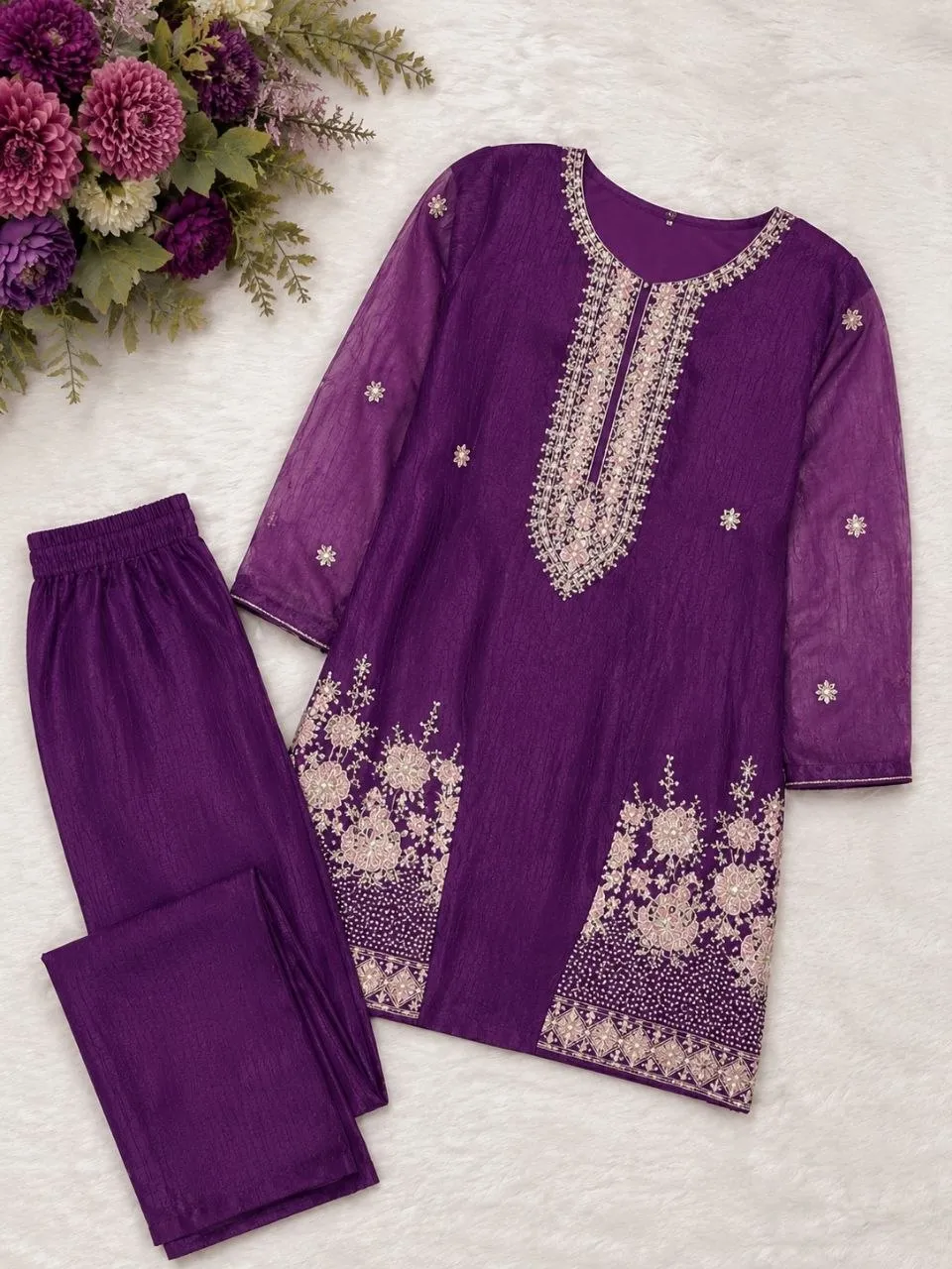 Latest Zarin Vadana Chinon Embroidery Work Kurti Pant Koti Set 2026