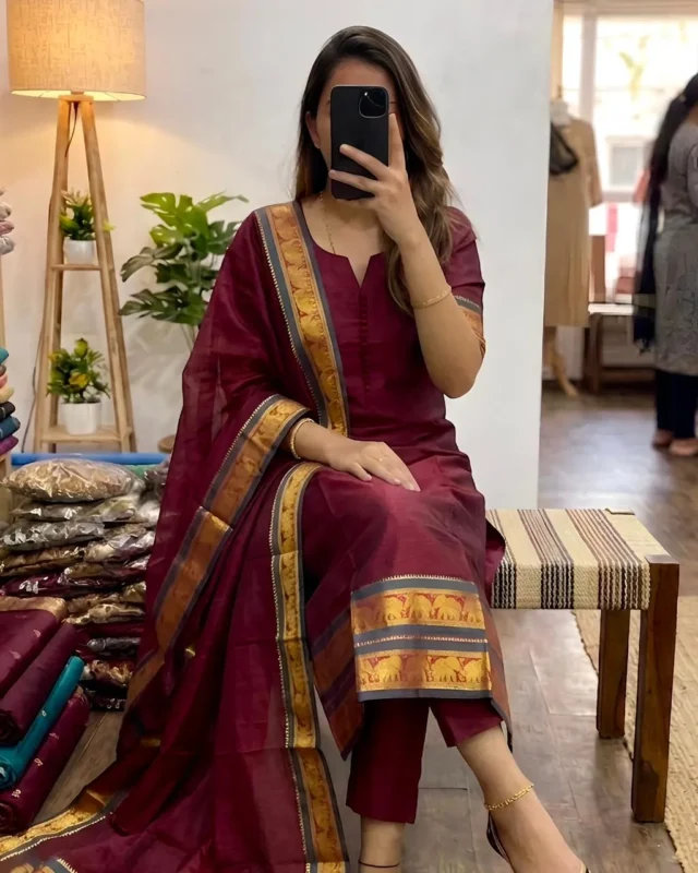Buy Vally Kanchi Cotton Zari Weaving Work Festival Kurti Pant With Dupatta 2026