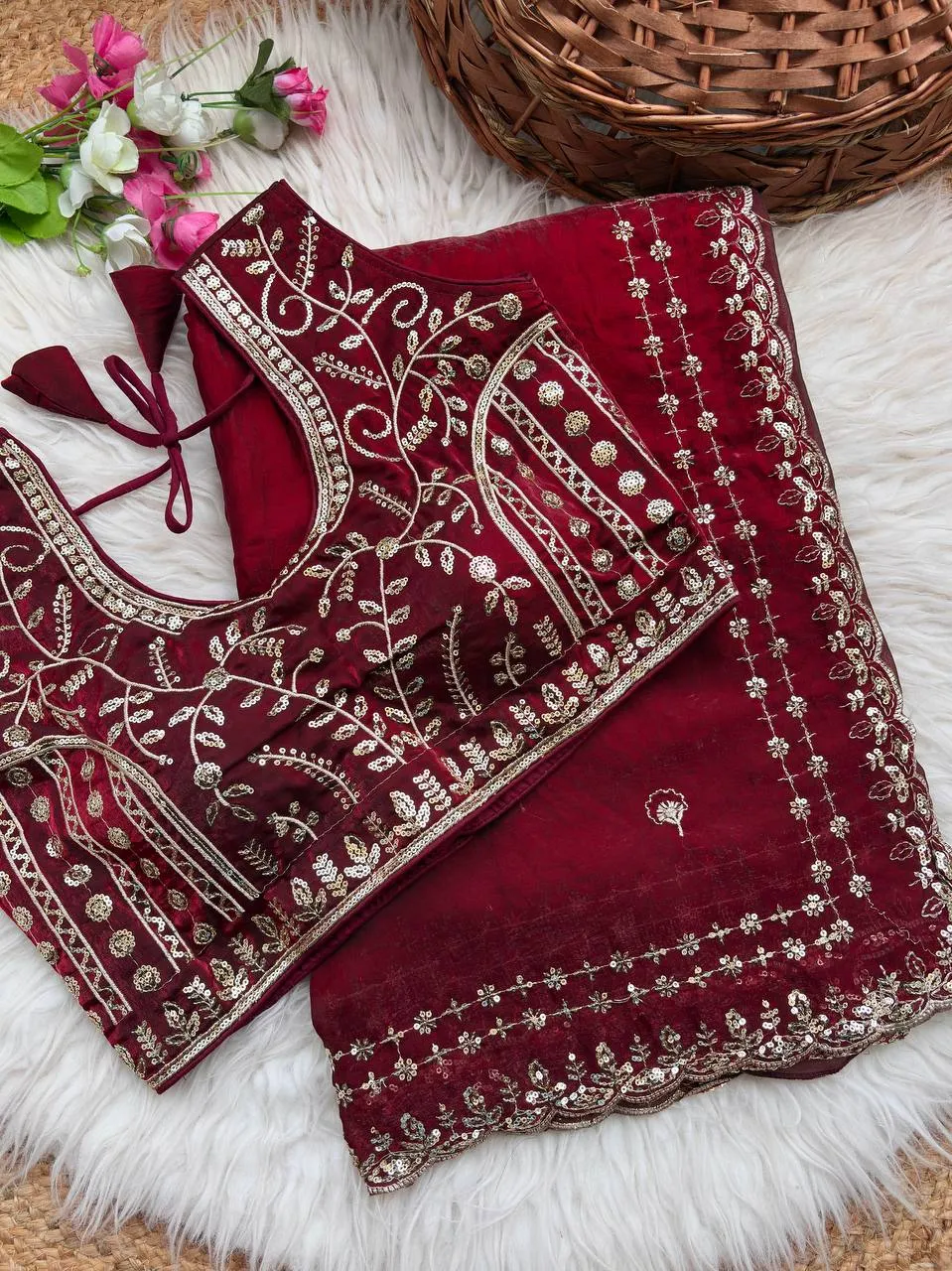 MHV Mahalaxmi Fandy Satin Silk Embroidery Work Wedding Saree