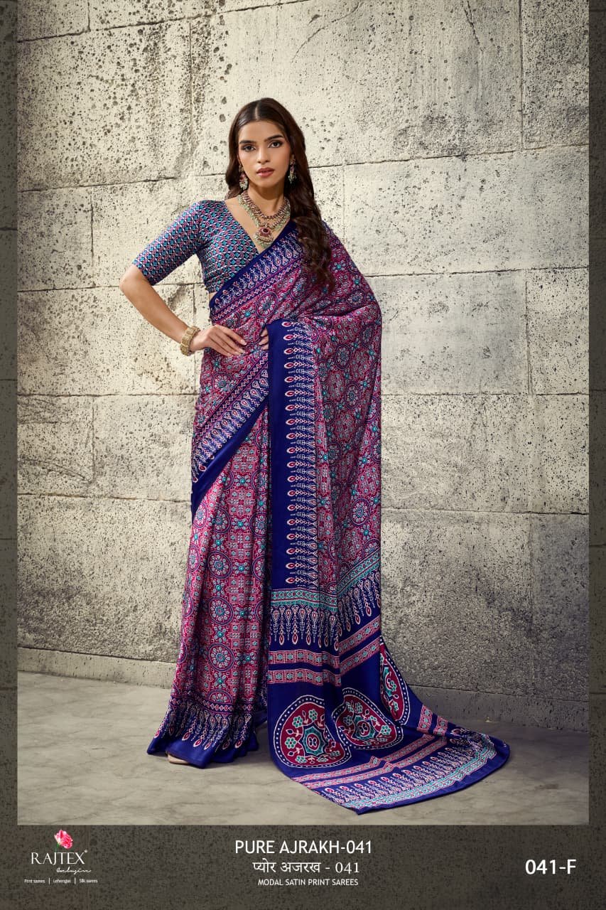Rajtex Pure Ajrakh 041 Modal Satin Ajrakh Printed Saree Wholesale