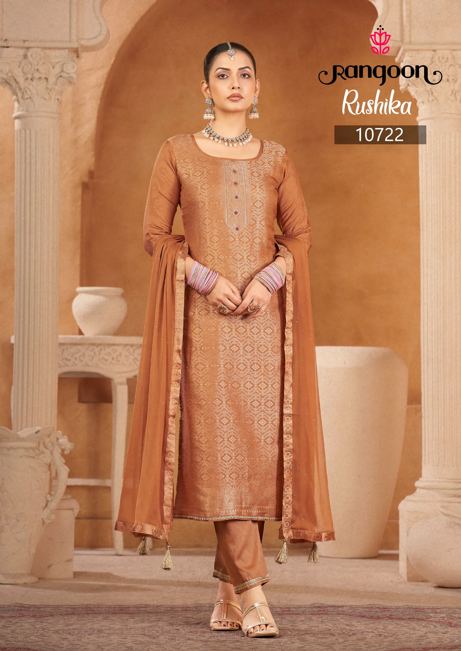 Rangoon Rushika Viscose Maslin Jacquard Worked Kurti With Bottom Dupatta Wholesale