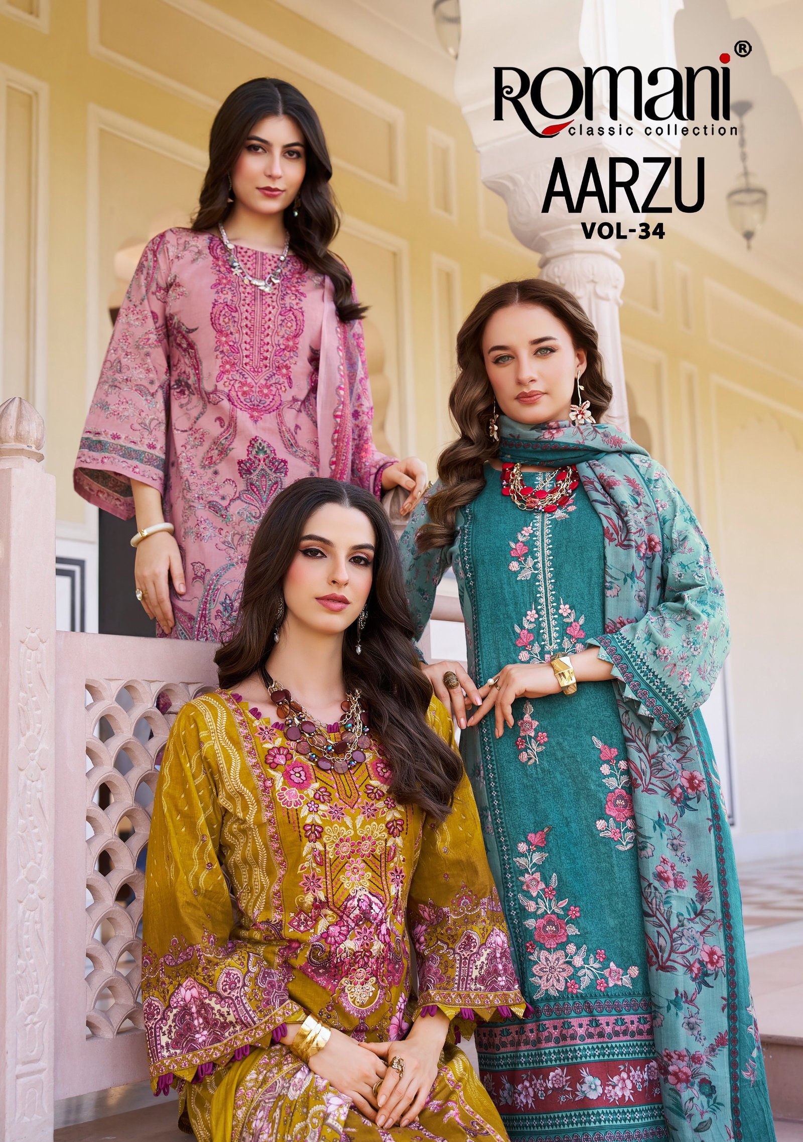 Romani Aarzu Vol 34 Cotton Print Embroidered Dress Material Wholesale