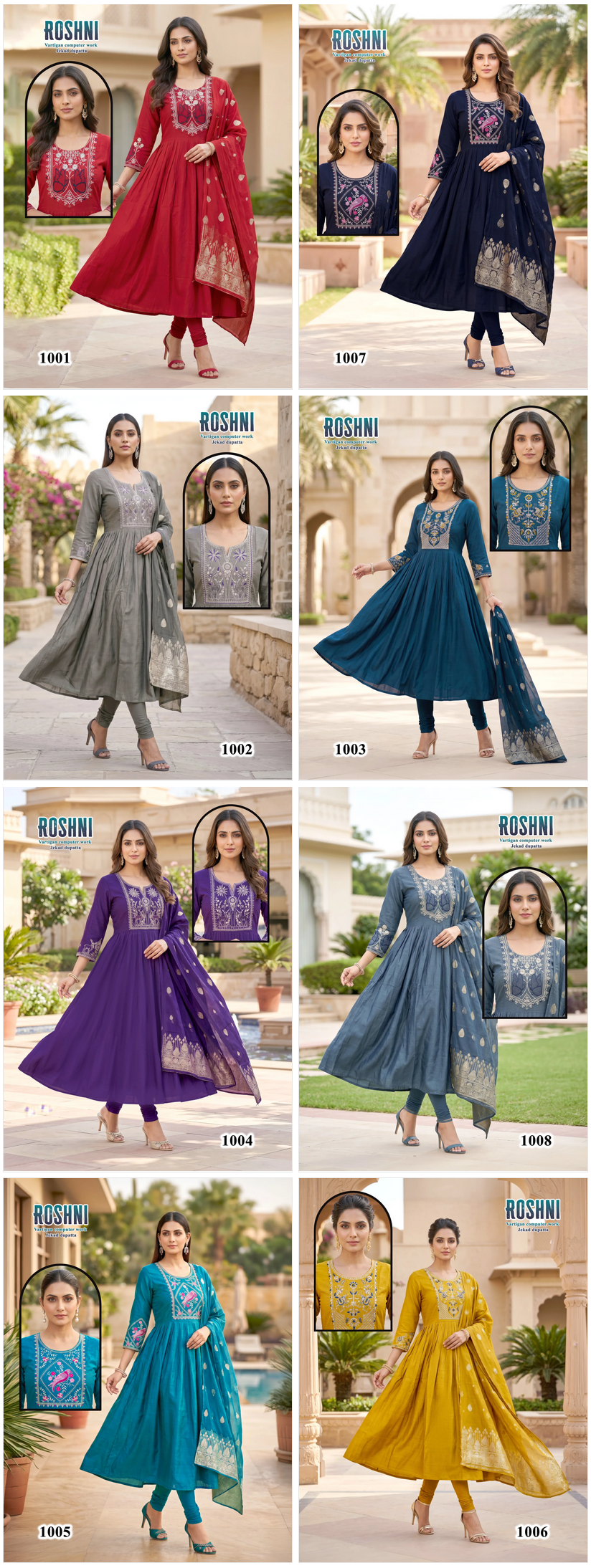 Latest Roshni D No 1001 To 08 Vertican Computer Worked Kurti Set Wholesale 2026