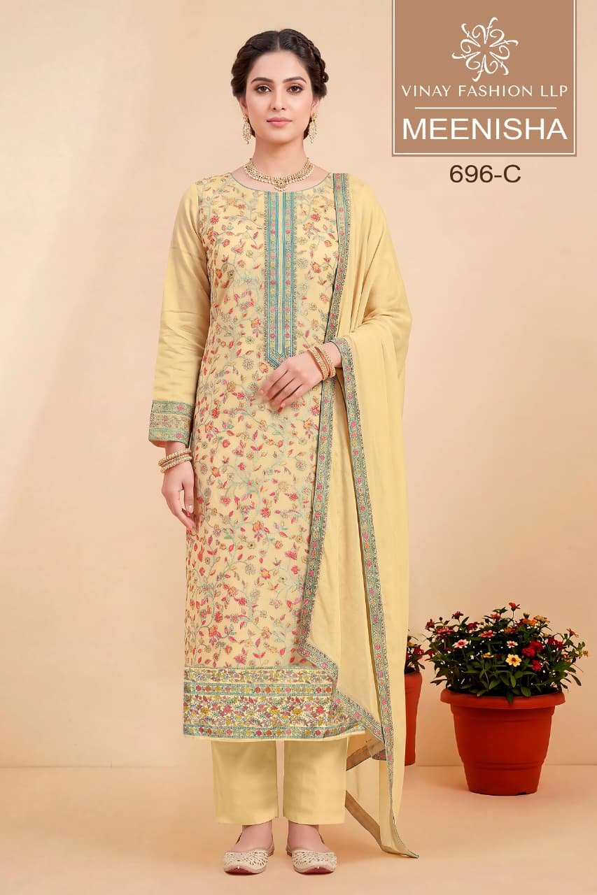 Vinay Kuleesh Meenisha Viscose Muslin Meenakari Worked Salwar Kameez Wholesale
