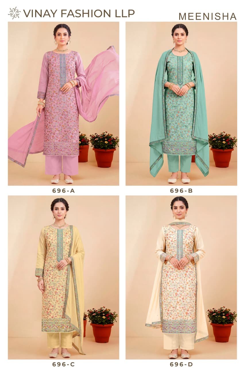 Vinay Kuleesh Meenisha Viscose Muslin Meenakari Worked Salwar Kameez Wholesale