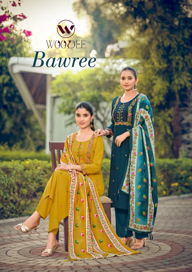 Woodee Bawree Rayon Thread Worked Kurti With Bottom Dupatta Wholesale