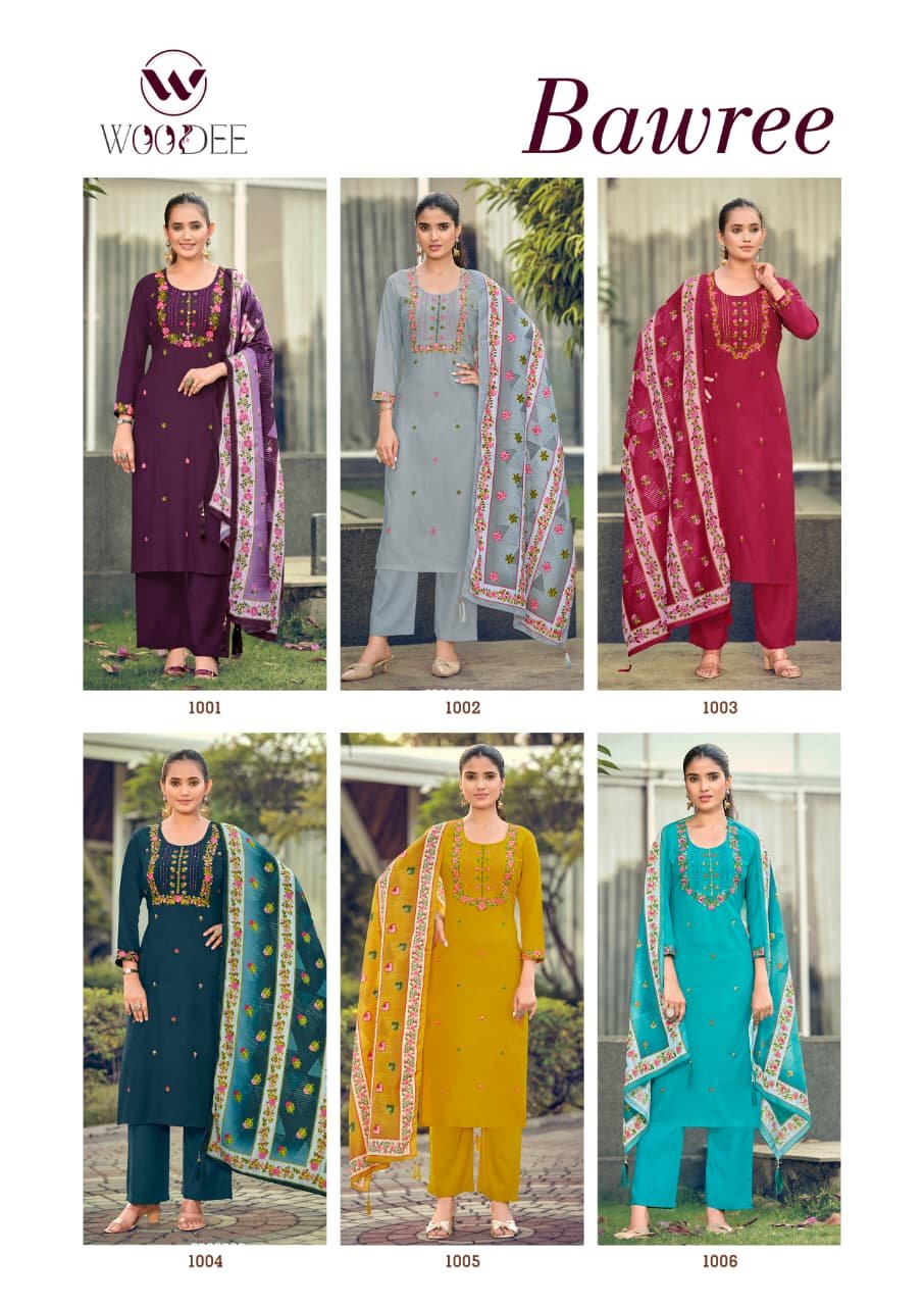 Stylish Woodee Bawree Rayon Thread Worked Kurti With Bottom Dupatta Wholesale 2026