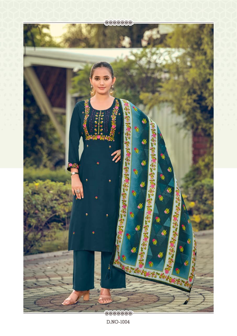Stylish Woodee Bawree Rayon Thread Worked Kurti With Bottom Dupatta Wholesale 2026