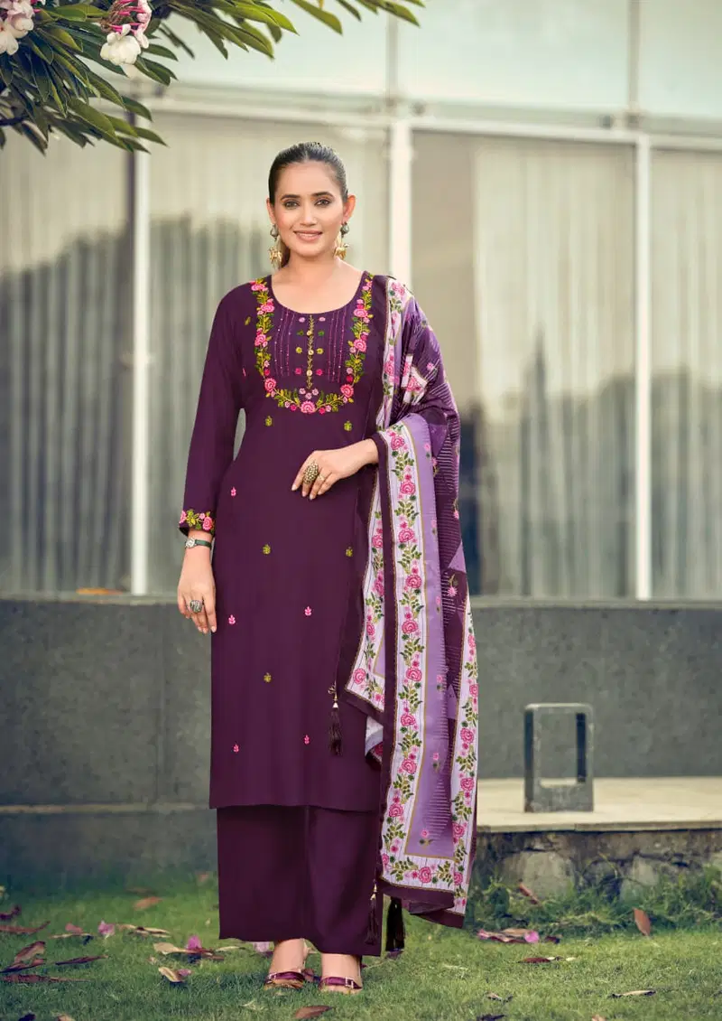 Stylish Woodee Bawree Rayon Thread Worked Kurti With Bottom Dupatta Wholesale 2026