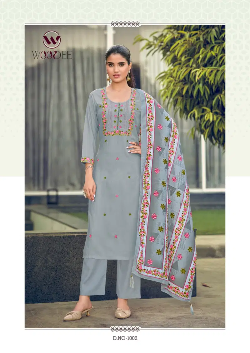 Stylish Woodee Bawree Rayon Thread Worked Kurti With Bottom Dupatta Wholesale 2026