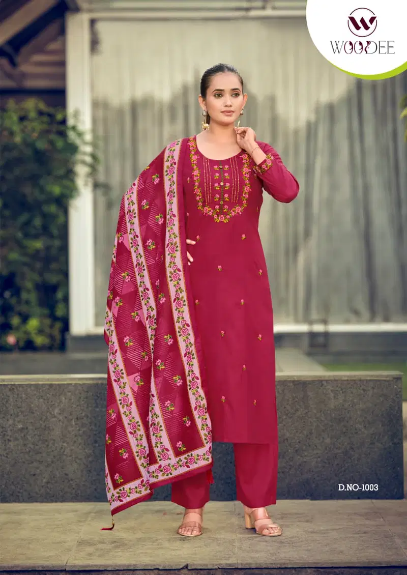 Stylish Woodee Bawree Rayon Thread Worked Kurti With Bottom Dupatta Wholesale 2026