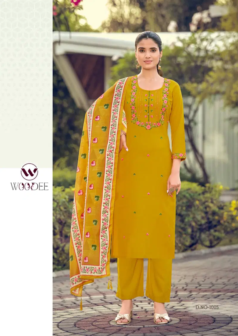 Stylish Woodee Bawree Rayon Thread Worked Kurti With Bottom Dupatta Wholesale 2026