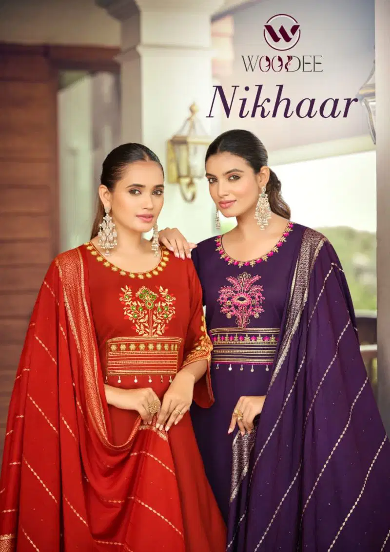 Woodee Nikhaar Rayon Jacquard Work Kurti With Bottom Dupatta Wholesale