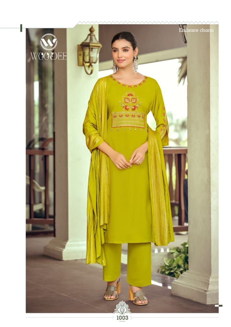 Beautiful Woodee Nikhaar Rayon Jacquard Work Kurti With Bottom Dupatta Wholesale 2026