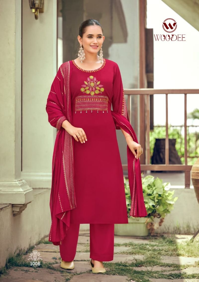 Beautiful Woodee Nikhaar Rayon Jacquard Work Kurti With Bottom Dupatta Wholesale 2026
