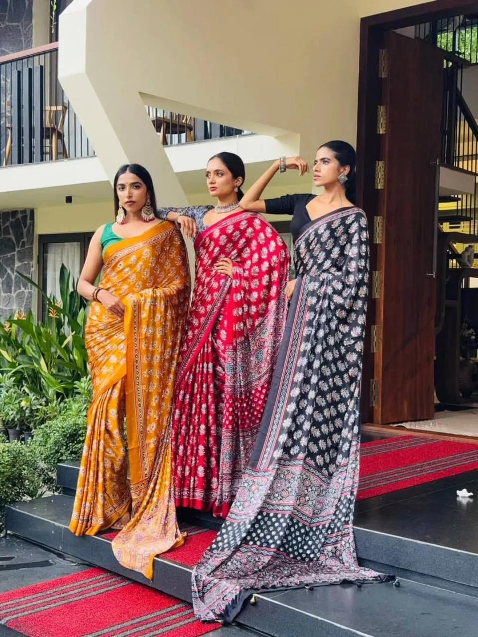 SS1010 5603 Satin Crep Ajarakh Printed Mirror Work Saree Collection