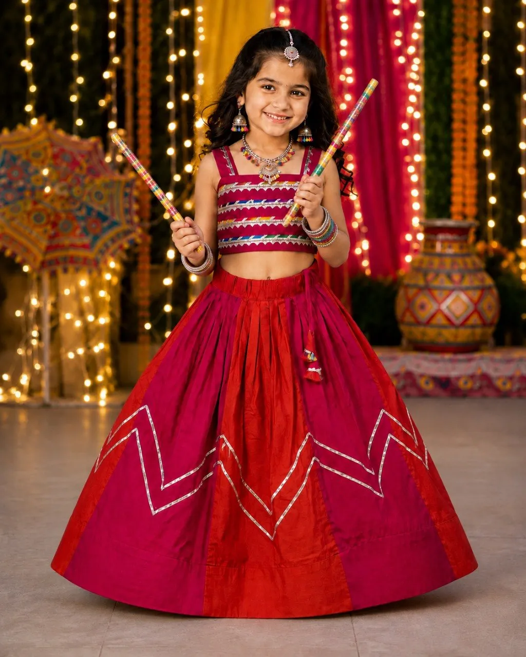 Aawiya Roman Silk Mirror Work Navratri Kids Wear Garba & Dandiya Dress