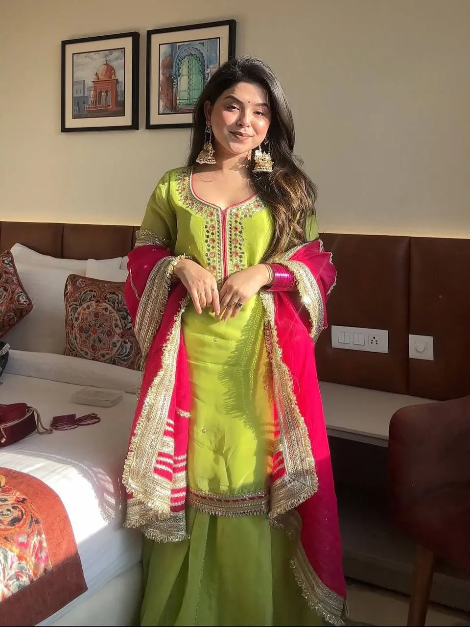 STD 6061 Organza Silk Thread Embroidery Work Sharara Suit With Dupatta