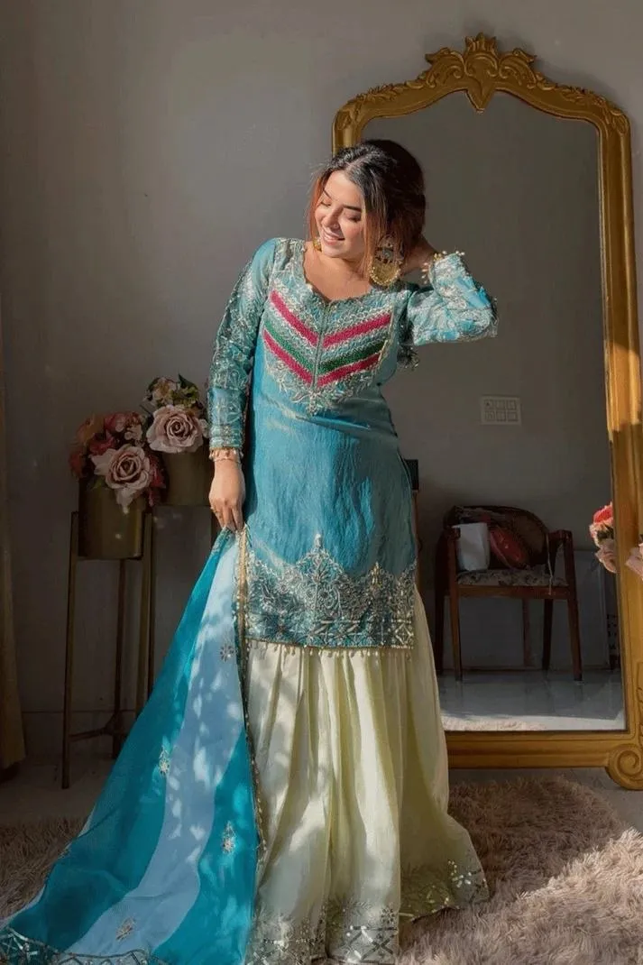 Zarin Aarya Viscose Satin Embroidery Work Raksha Bandhan Gharara Suit