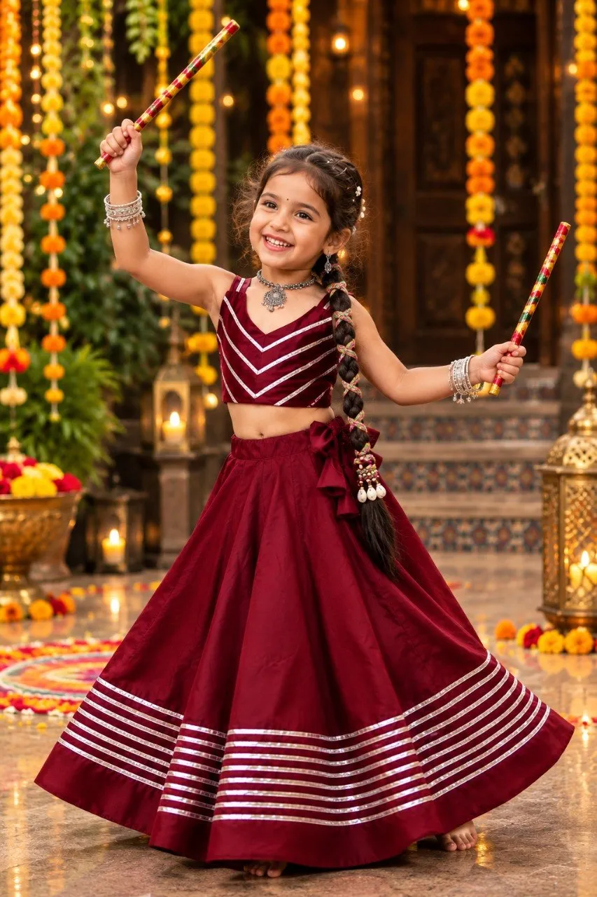 Aawiya Roman Silk Chaniya Choli For Kids Wear Navratri Traditional Dress