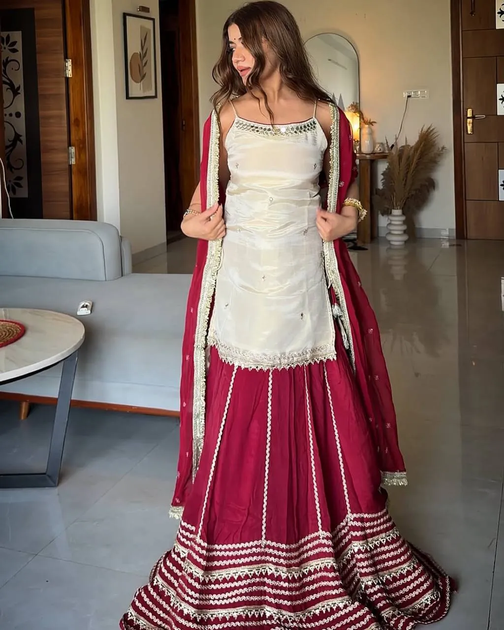 STD 6123 Vichitra Silk Zari Embroidery Work Wedding Kurti Skirt Dupatta