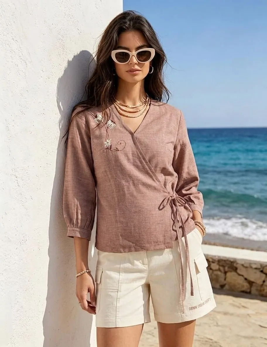 Shiv 1076 Linen Cotton Embroidery Office Wear Top For Women
