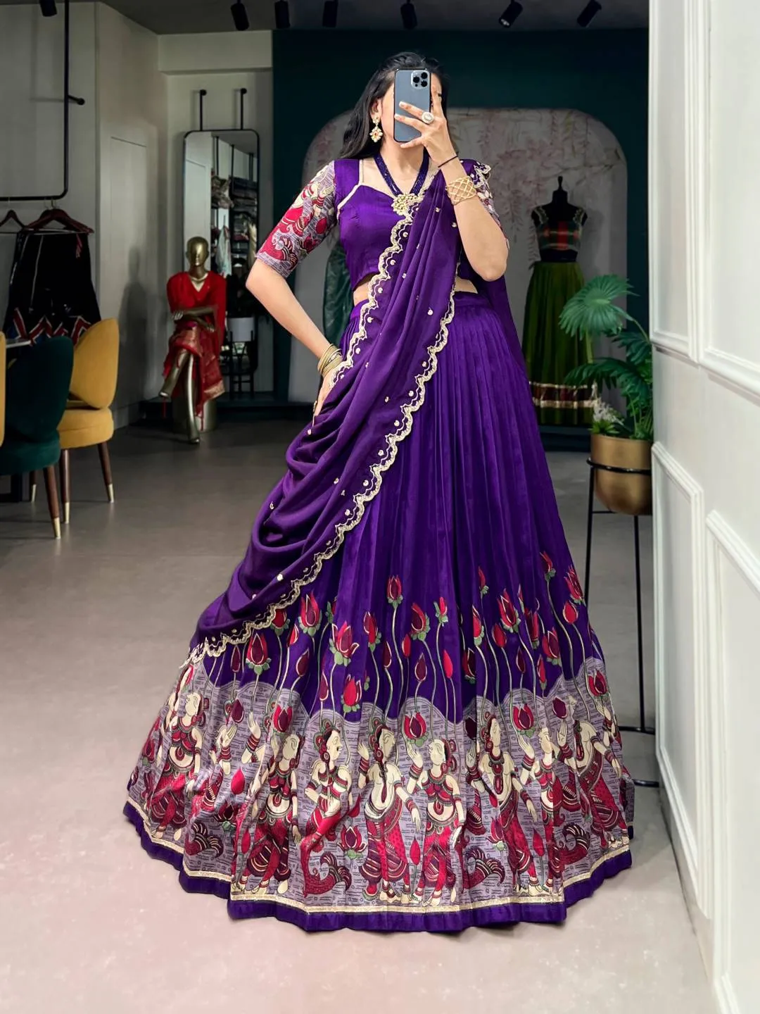 WMN 1220 Tasar Silk Kalamkari Printed Lehenga Choli Exporters in India