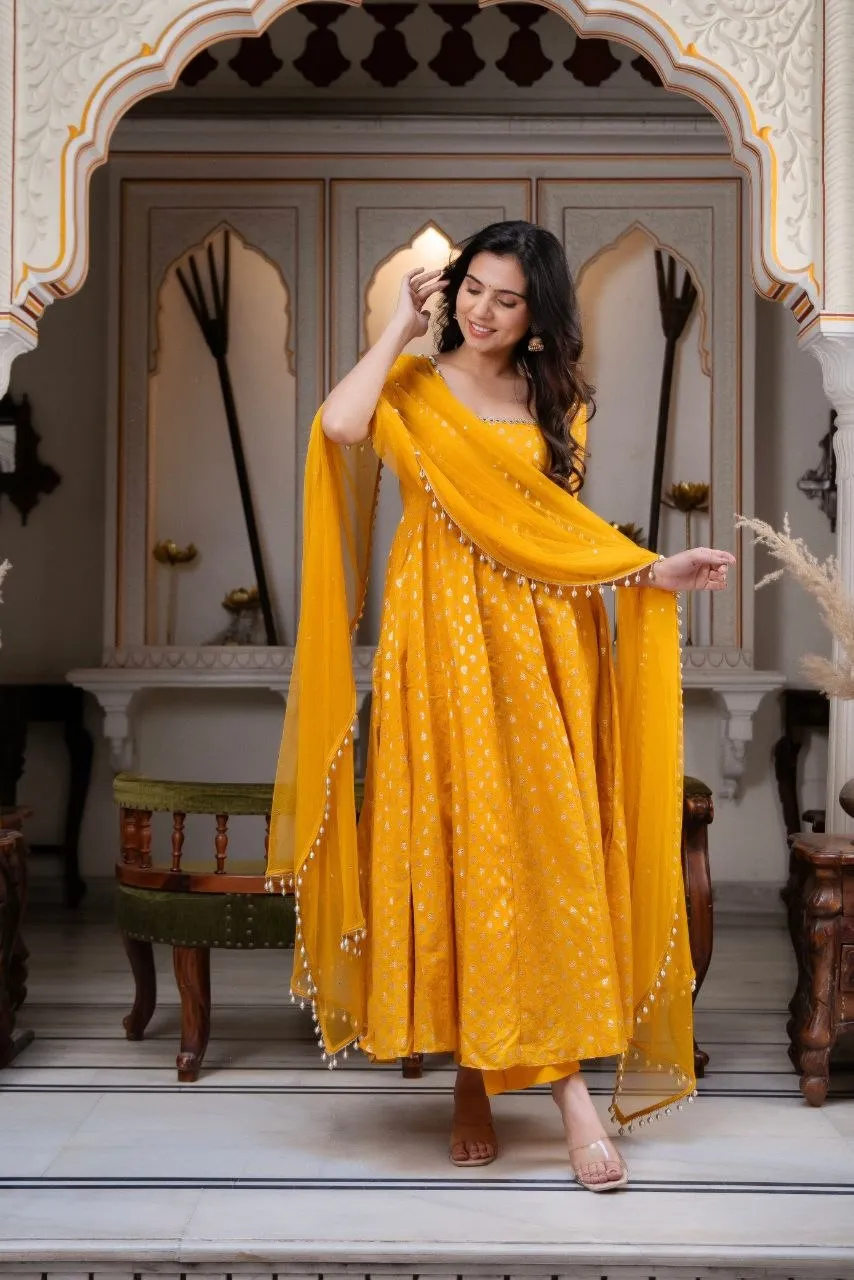 Beauty 1027 Dola Silk Mirror Work Anarkali Gown with Pant Dupatta Set for Women