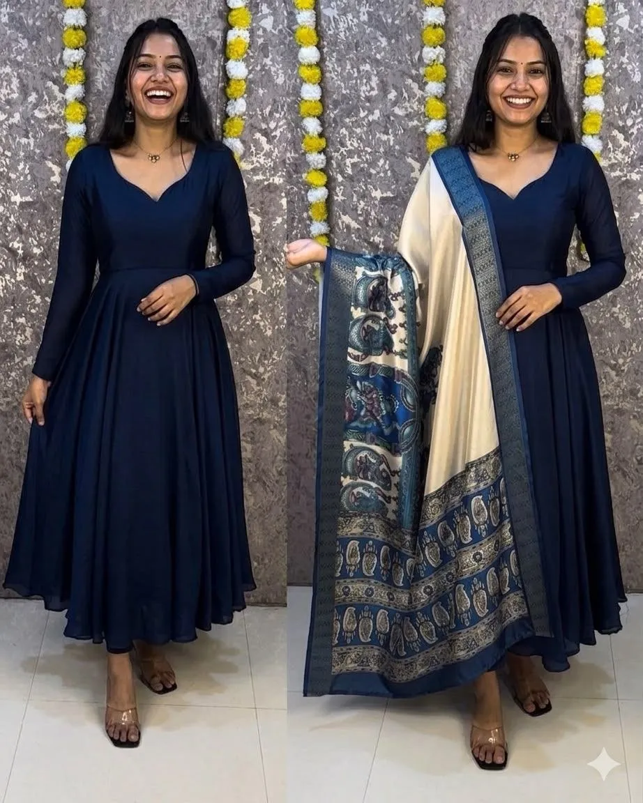 Kiara Vichithra Silk Anarkali Gown With Kalamkari Dupatta Set for Women