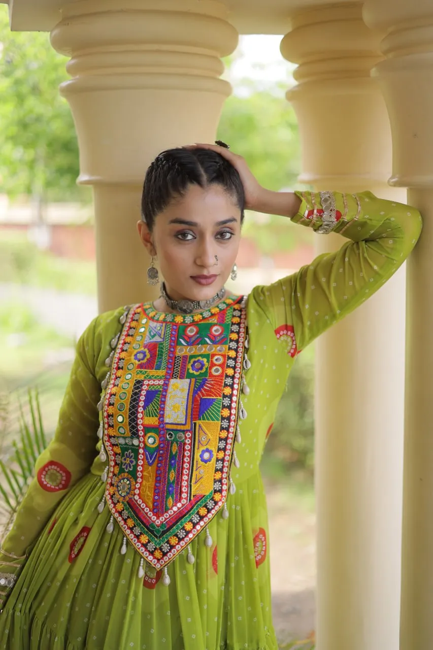 Moni 1267 Faux Georgette Bandhani Print Kutchi Patchwork Gown Navratri Collections