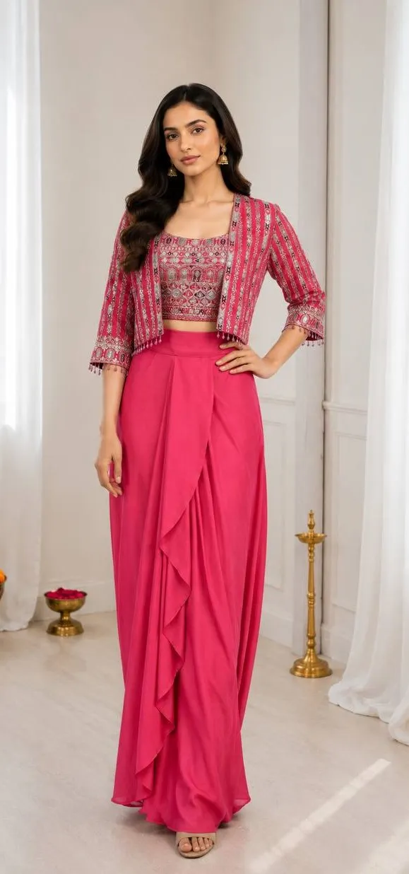 BDB 83 Chinon Silk Embroidery Sequence Work 3pcs Dress for Women