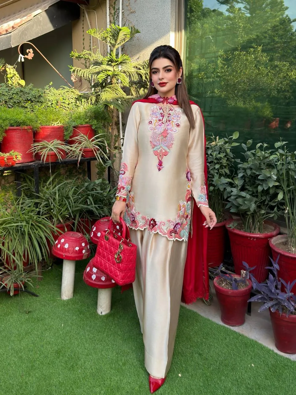 Sabina 1714 Natural Satin Embroidery Work Party Wear Kurti Pant Dupatta