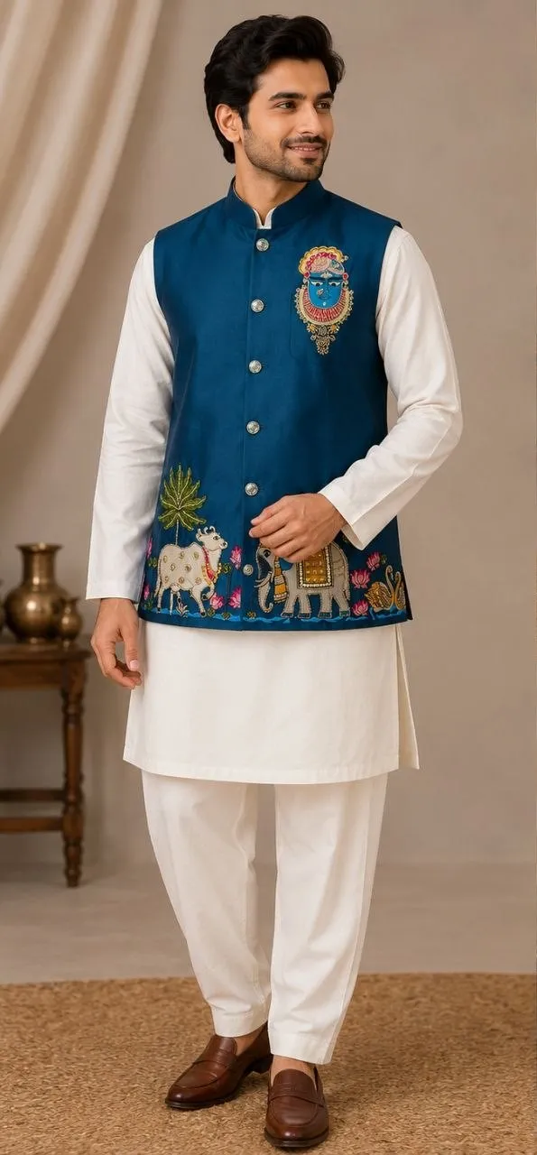 Shyam Shrinathji Satin Hand Work Designer Koti For Mens