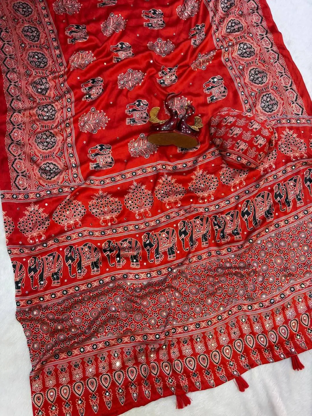 SS1010 5598 Japan Satin Ajarakh Printed Mirror Work Festival Saree
