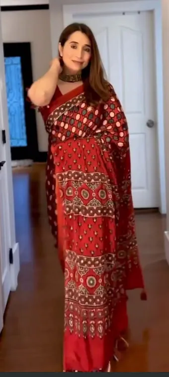 SS1010 5596 Japan Satin Ajarakh Printed Mirror Work Saree Collection