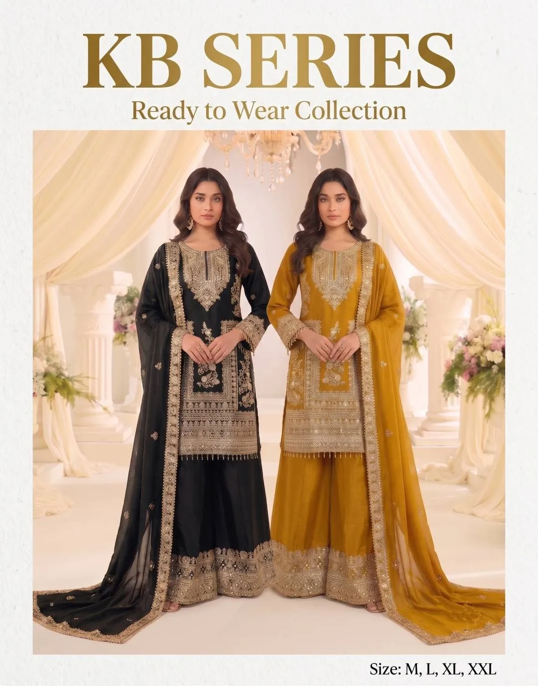 Kb 3322 Chinon Embroidery Work Wedding Pakistani Kurti Palazzo With Dupatta Set