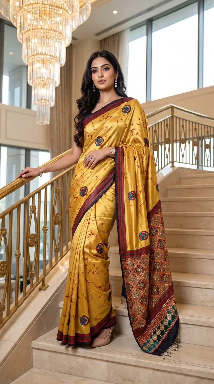 WMS Model Silk Ajarakh Printed Mirror Work Party Wear Saree