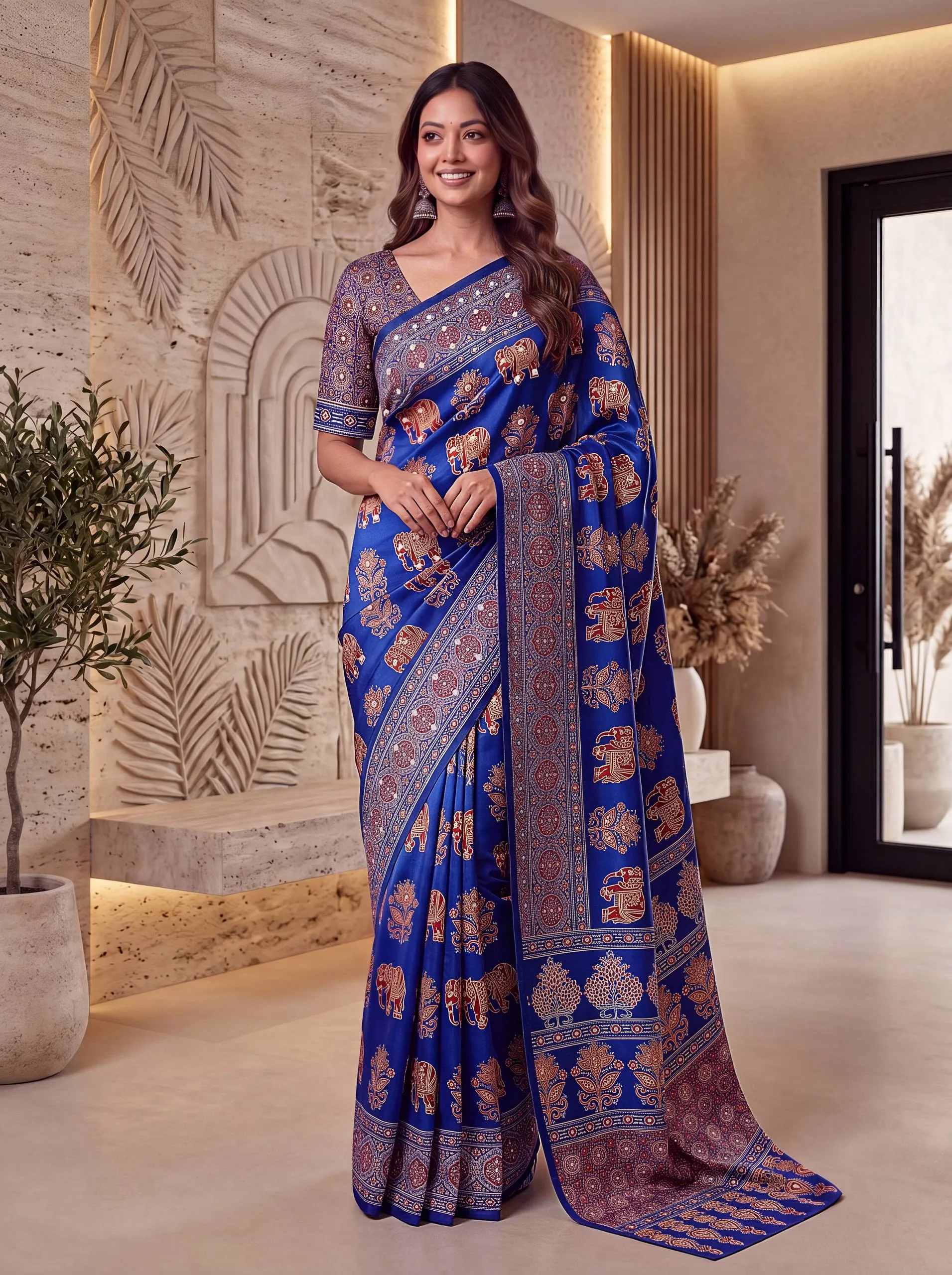 DKT 5181 Crape Silk DurgaPuja Ajrakh Printed Mirror Work Saree