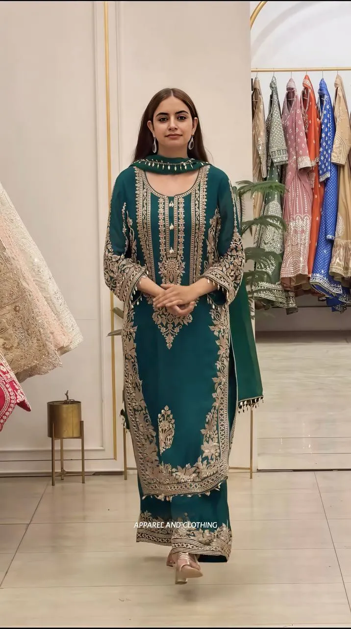 Sabina 1716 Georgette Embroidery Sequence Work Pakistani Kurti Pant Dupatta Set