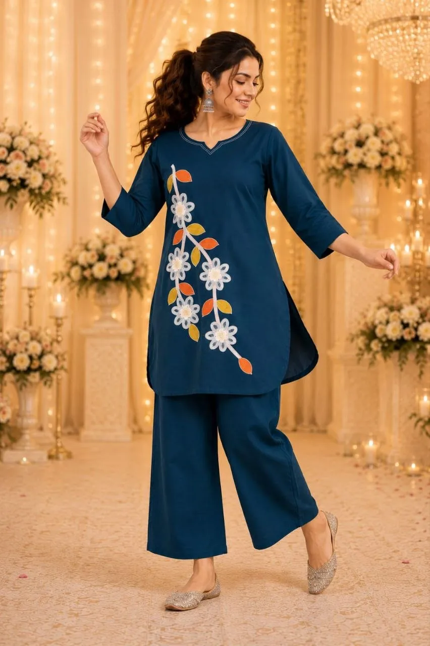 RRD Cotton Embroidery Hand Work Office Wear Kurti Pant