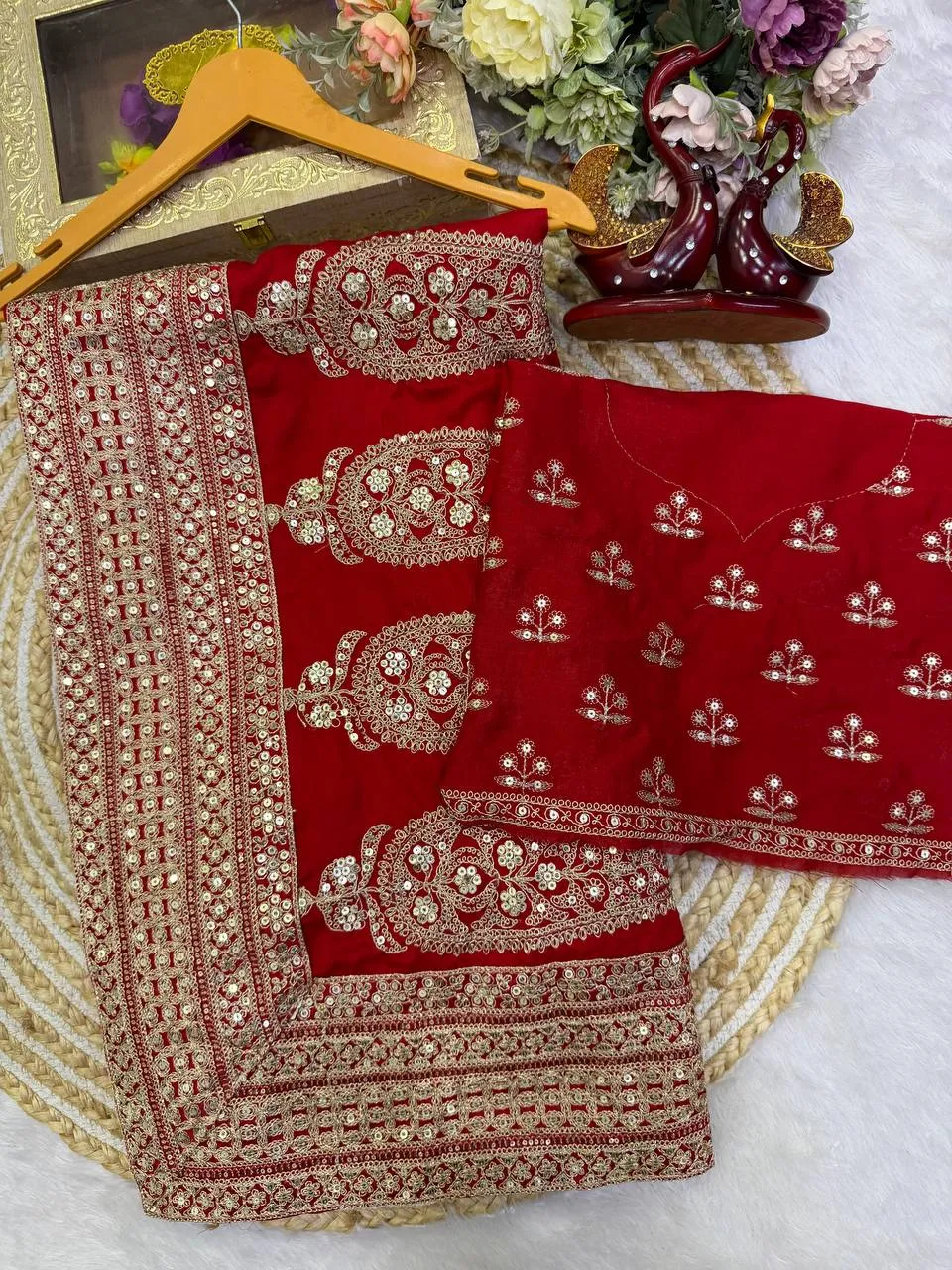 SS1010 5606 Vichitra Silk Sequence Embroidery Work Red Wedding Saree